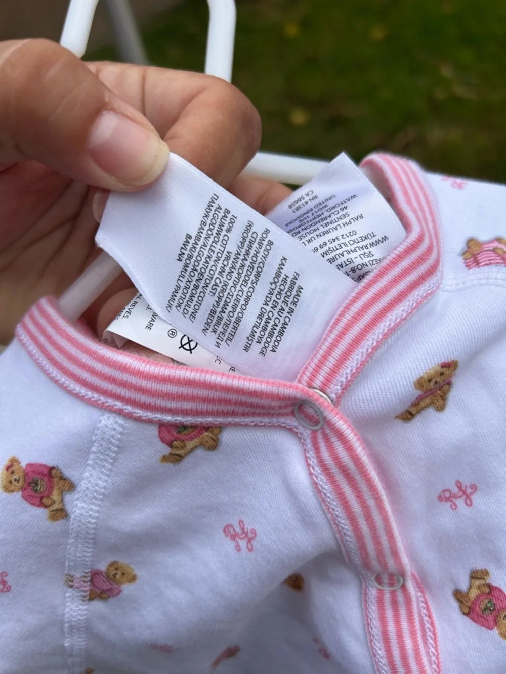 Ralph Lauren White Footed One-Piece with Pink Trim and Floral Bear Print